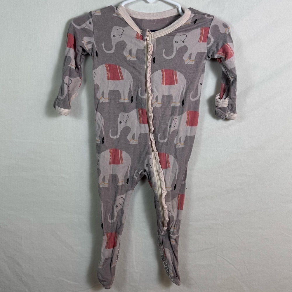 Kickee Pants Gray Elephant Patterned Footie Girls Size 3-6M
